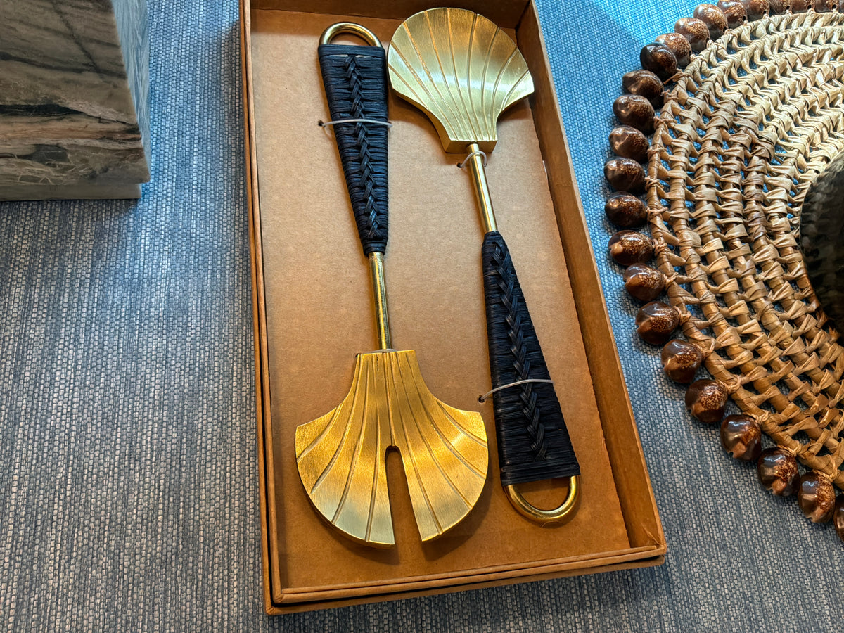 Vitality Shell Brass & Ratan Salad Servers