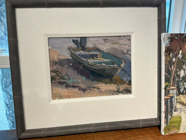 Framed bamboo and linen mat ,boat adrift