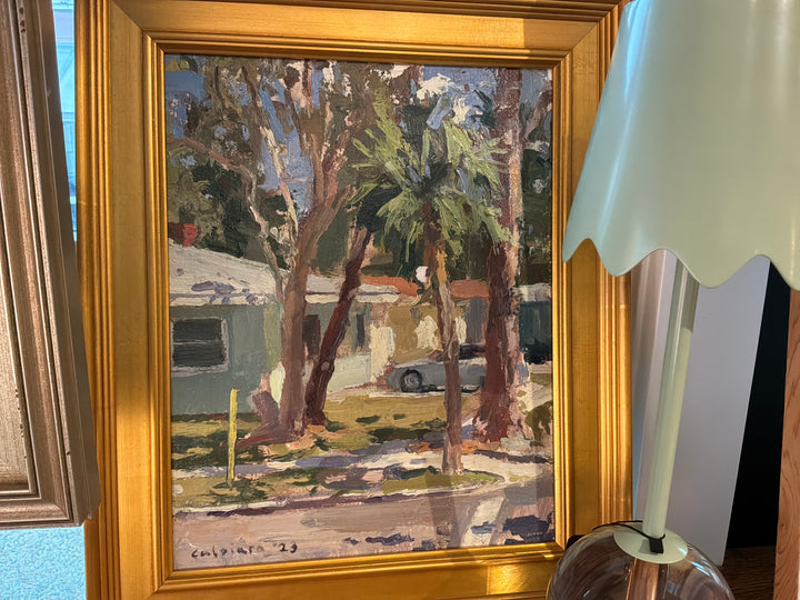 Gold frame trees,house,car