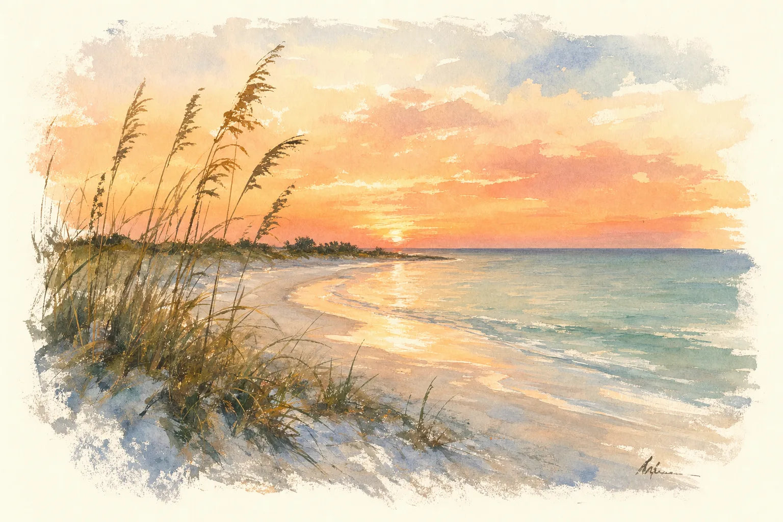 Watercolor of Bean Point at dusk: white sand curving into calm gulf water under an apricot sky