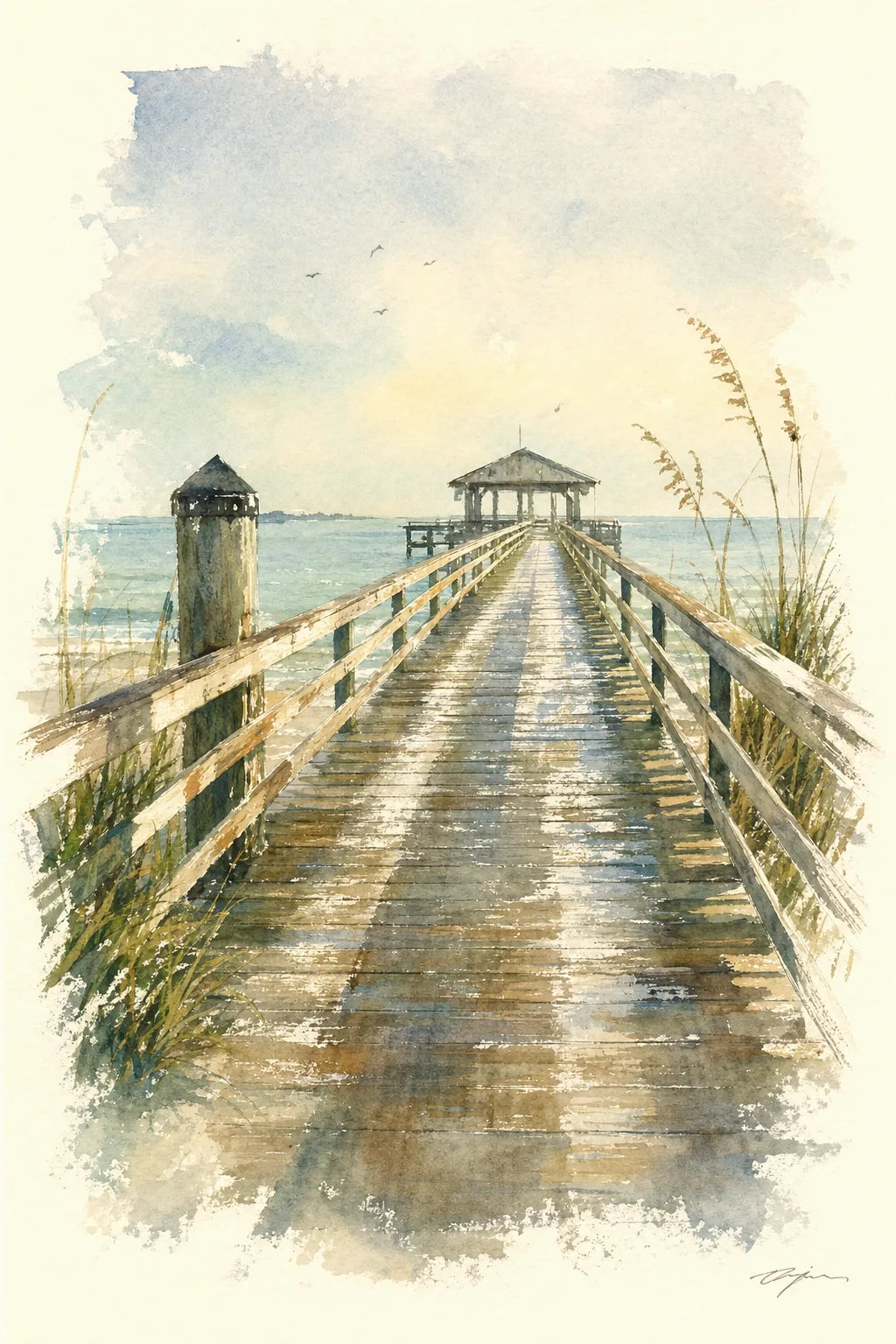 Watercolor looking down the long wooden planks of the City Pier in early morning