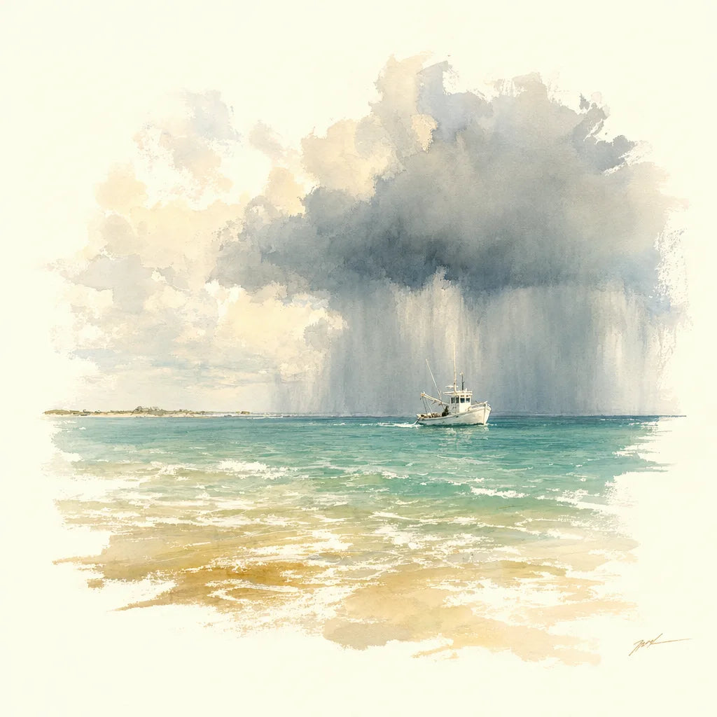 Watercolor of a summer squall far out over sunlit turquoise gulf water, one small white boat