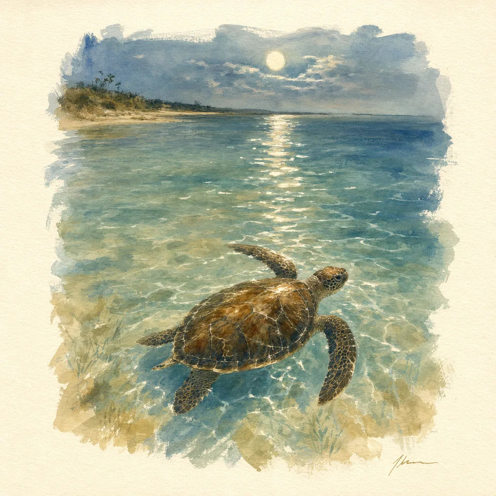 Watercolor of a loggerhead turtle in moonlit shallows, seen from above