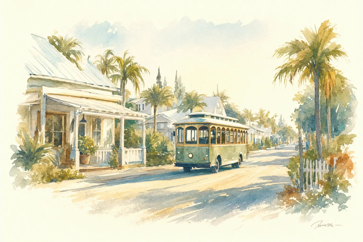 Watercolor of the island trolley rolling past white cottage storefronts on Pine Avenue