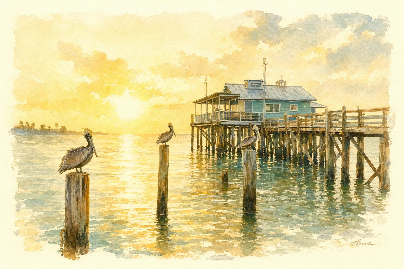 Watercolor of the Rod and Reel Pier at golden hour, pelicans on the pilings