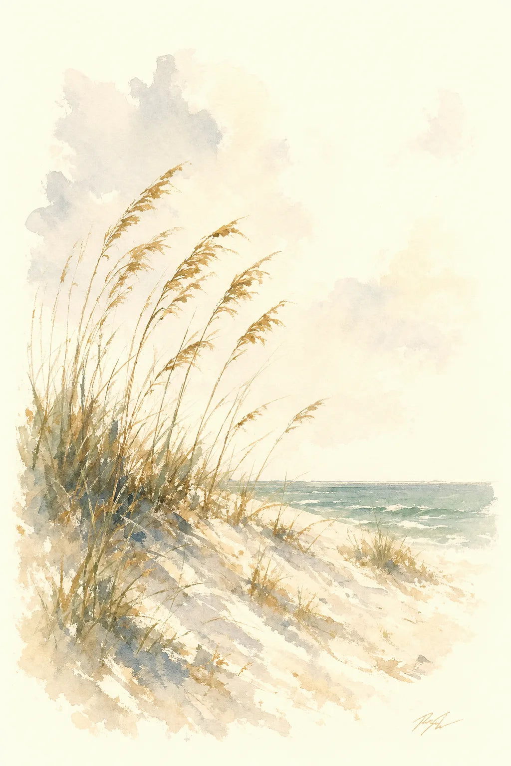 Watercolor of golden sea oats on a sugar-white dune