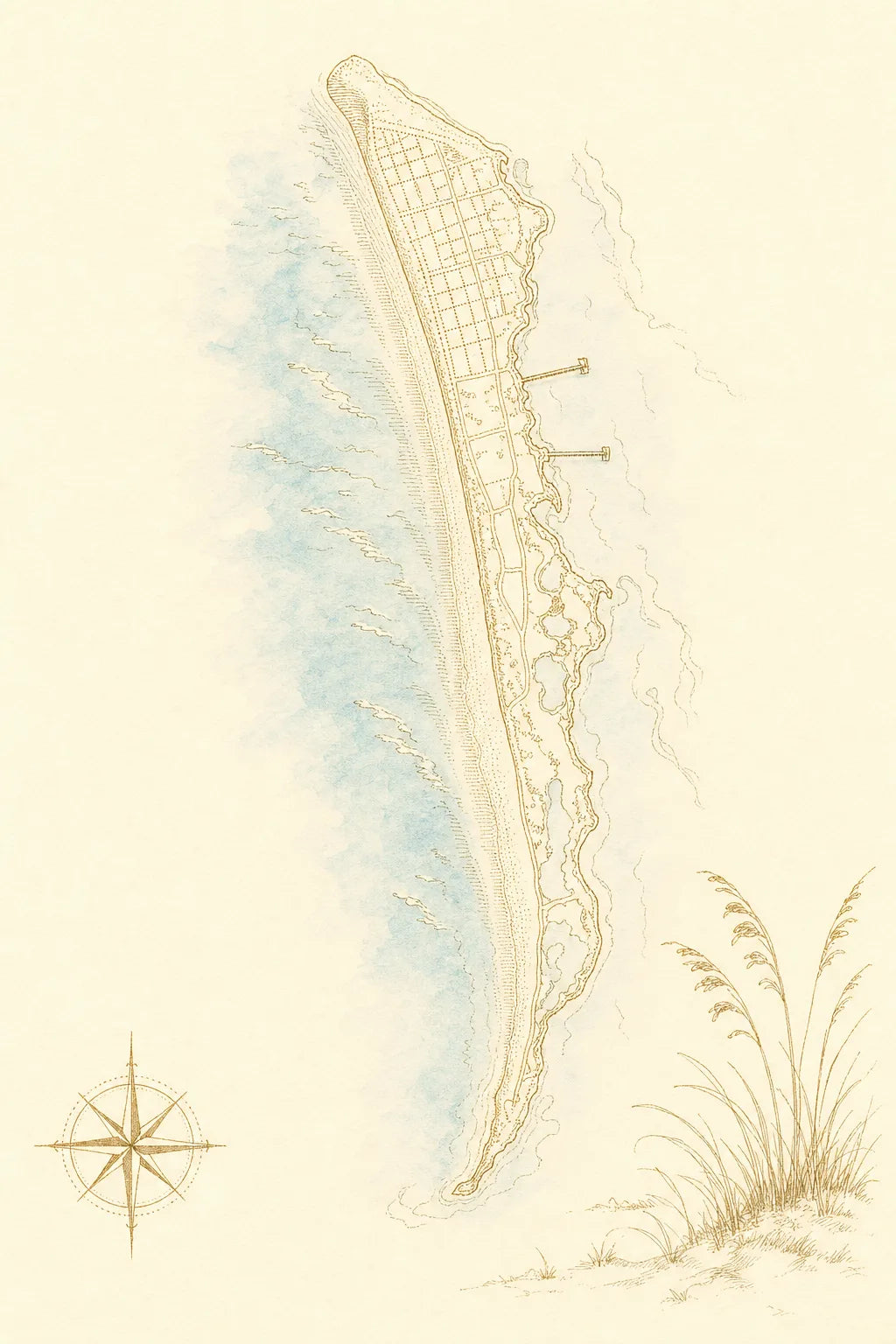 Hand-drawn map of Anna Maria Island in gilt ink: Bean Point at the tip, both piers on the bay side, Pine Avenue near the north end